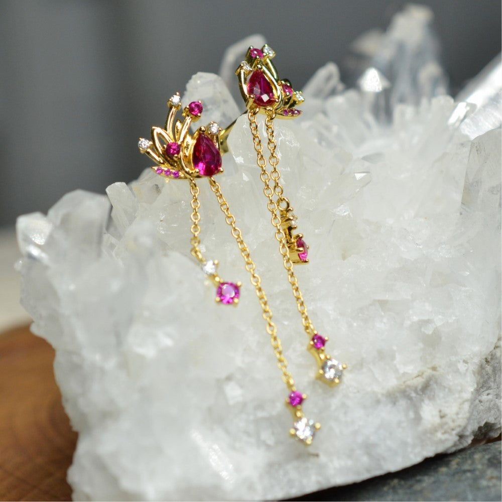 14K Yellow Gold Plated Floral Long Chain Dangling 925 Sterling Silver Earrings w/ Cubic Zirconia Red Corundum by Mc9vn | Gift for Her |