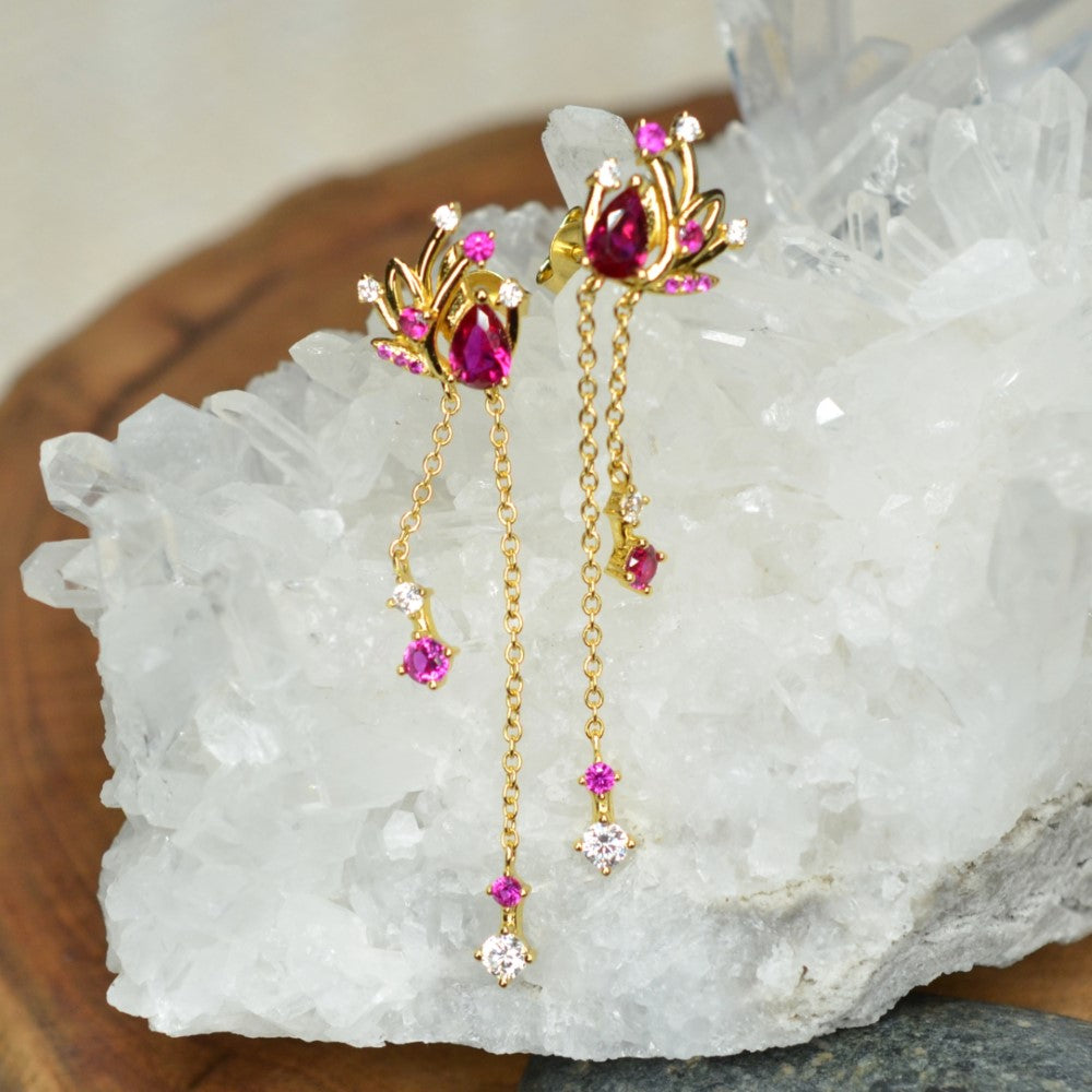 14K Yellow Gold Plated Floral Long Chain Dangling 925 Sterling Silver Earrings w/ Cubic Zirconia Red Corundum by Mc9vn | Gift for Her |