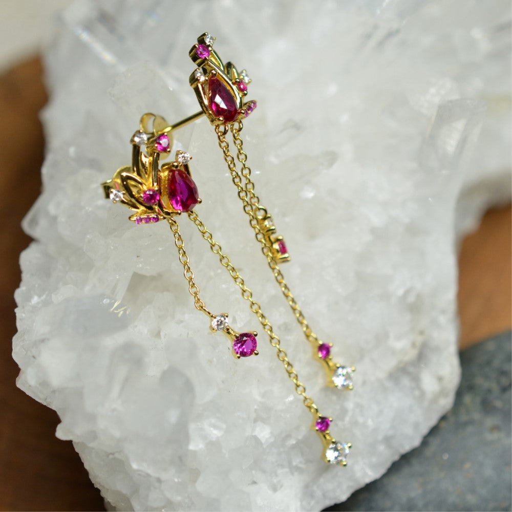 14K Yellow Gold Plated Floral Long Chain Dangling 925 Sterling Silver Earrings w/ Cubic Zirconia Red Corundum by Mc9vn | Gift for Her |