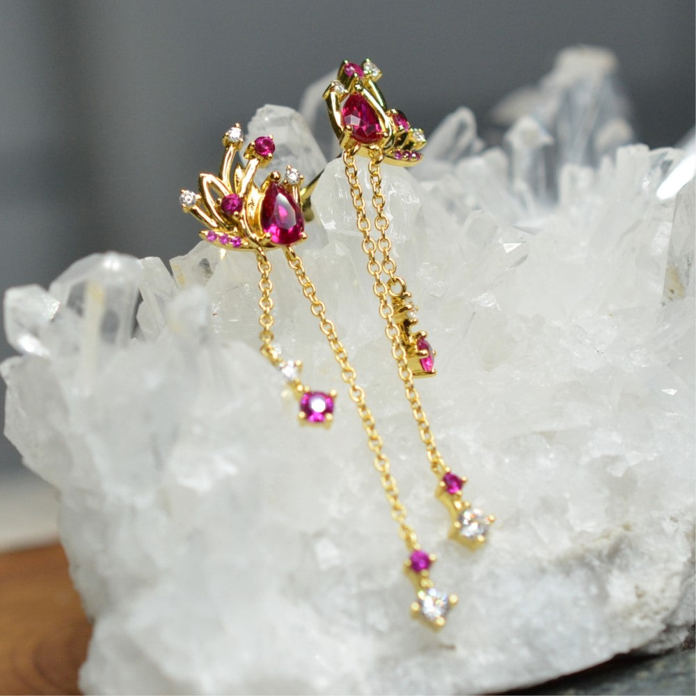 14K Yellow Gold Plated Floral Long Chain Dangling 925 Sterling Silver Earrings w/ Cubic Zirconia Red Corundum by Mc9vn | Gift for Her |