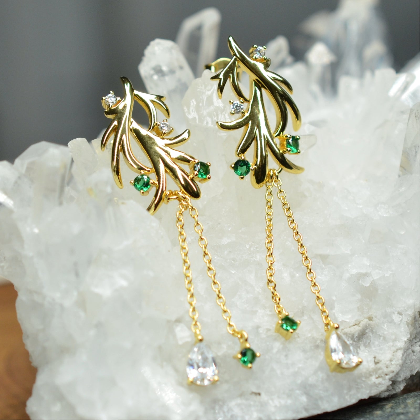 14K Yellow Gold Plated Dangling Leaf Design 925 Sterling Silver Earrings with Green Nano Gem Cubic Zirconia by Mc9vn | Gift for Her |