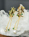 14K Yellow Gold Plated Dangling Leaf Design 925 Sterling Silver Earrings with Green Nano Gem Cubic Zirconia by Mc9vn | Gift for Her |