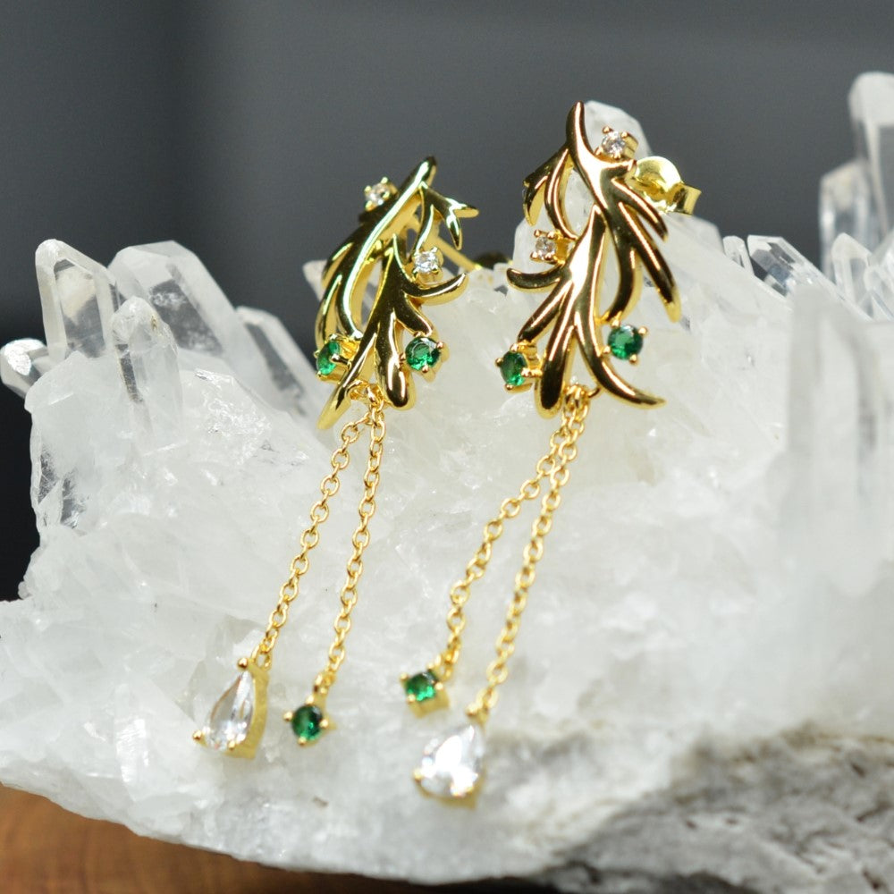 14K Yellow Gold Plated Dangling Leaf Design 925 Sterling Silver Earrings with Green Nano Gem Cubic Zirconia by Mc9vn | Gift for Her |