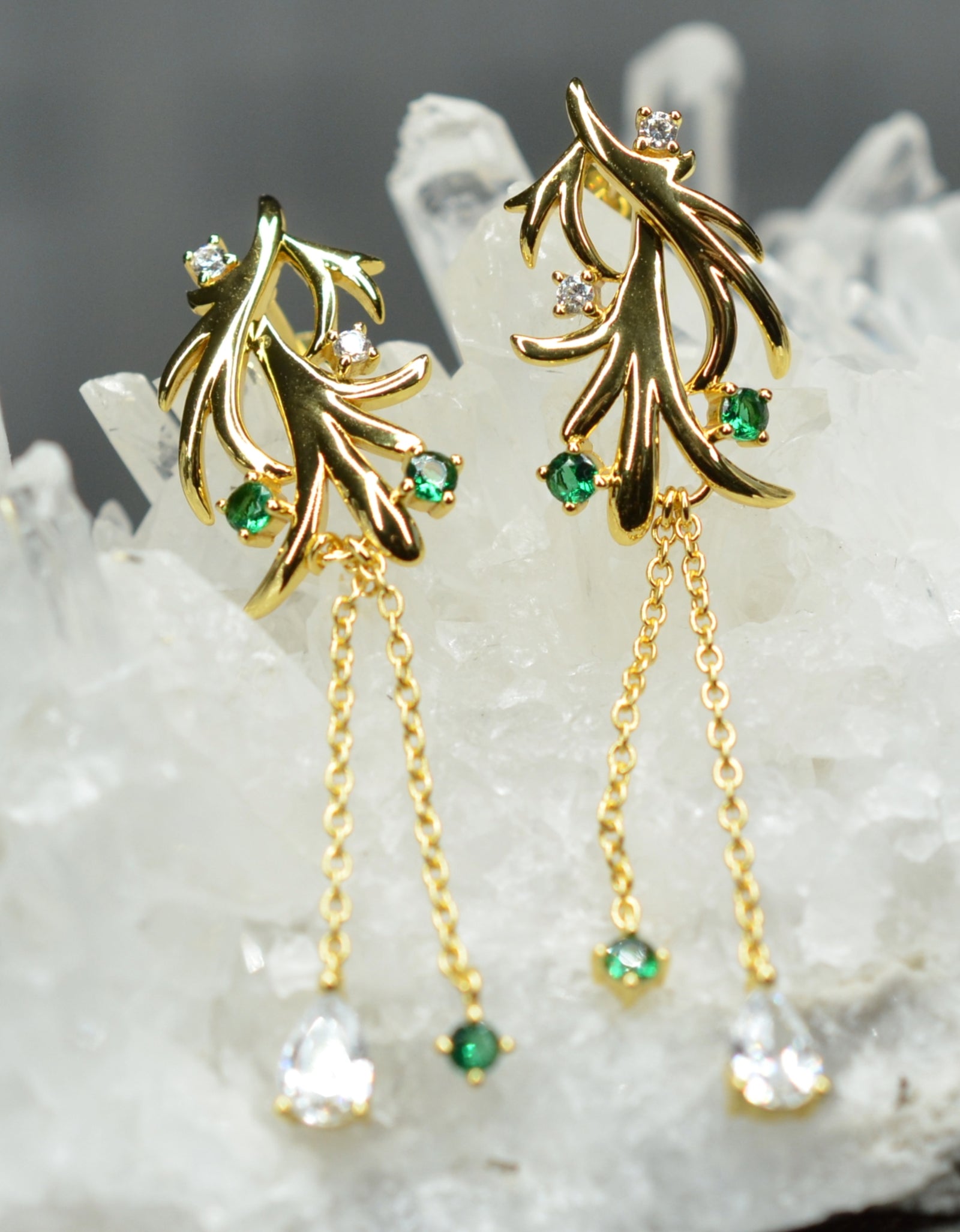 14K Yellow Gold Plated Dangling Leaf Design 925 Sterling Silver Earrings with Green Nano Gem Cubic Zirconia by Mc9vn | Gift for Her |