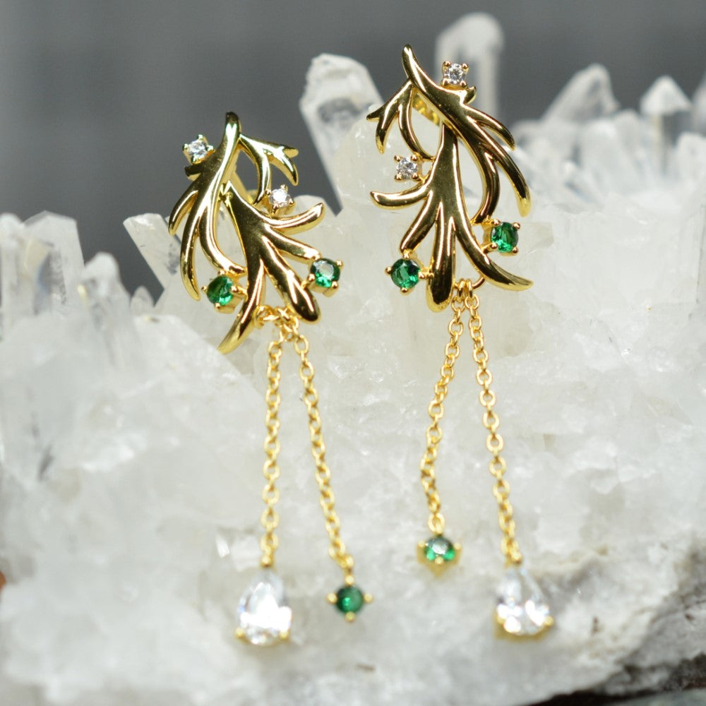 14K Yellow Gold Plated Dangling Leaf Design 925 Sterling Silver Earrings with Green Nano Gem Cubic Zirconia by Mc9vn | Gift for Her |