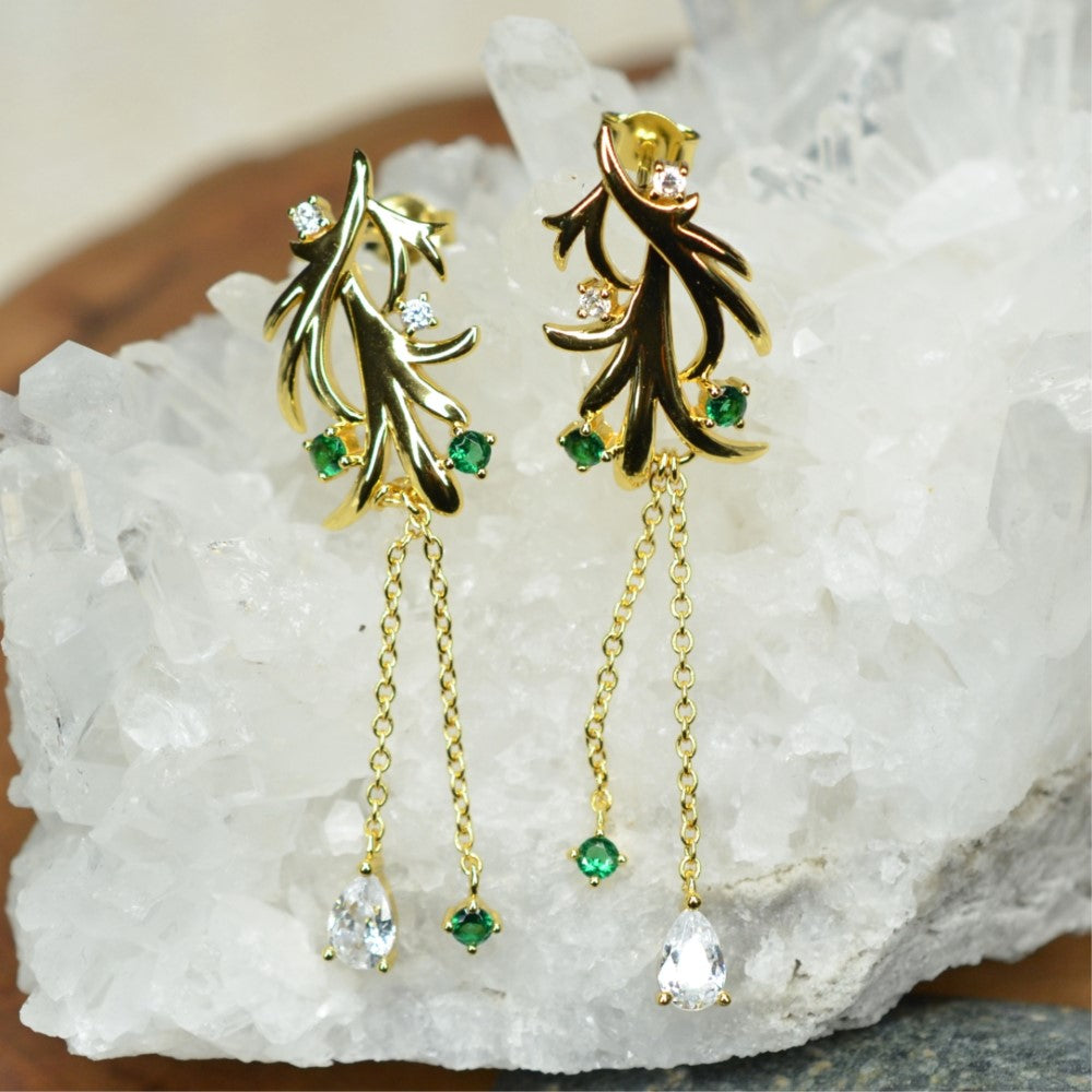 14K Yellow Gold Plated Dangling Leaf Design 925 Sterling Silver Earrings with Green Nano Gem Cubic Zirconia by Mc9vn | Gift for Her |