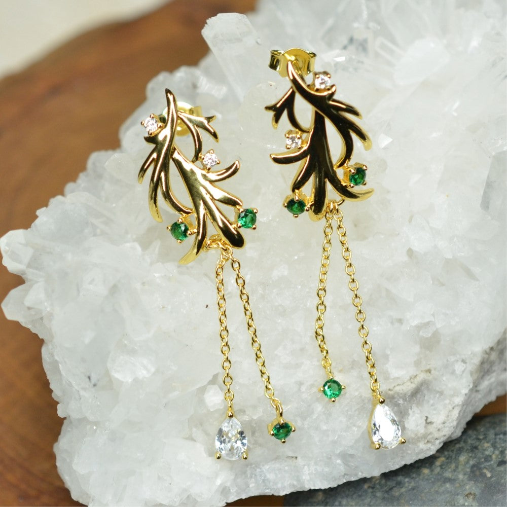 14K Yellow Gold Plated Dangling Leaf Design 925 Sterling Silver Earrings with Green Nano Gem Cubic Zirconia by Mc9vn | Gift for Her |