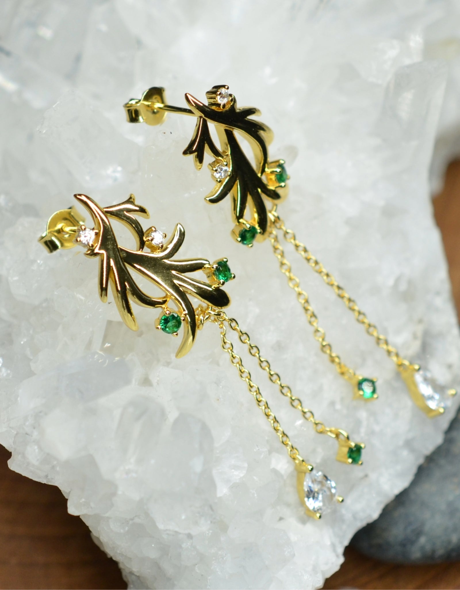 14K Yellow Gold Plated Dangling Leaf Design 925 Sterling Silver Earrings with Green Nano Gem Cubic Zirconia by Mc9vn | Gift for Her |