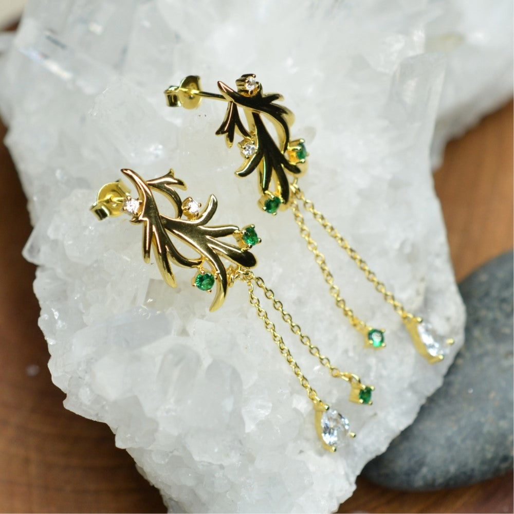 14K Yellow Gold Plated Dangling Leaf Design 925 Sterling Silver Earrings with Green Nano Gem Cubic Zirconia by Mc9vn | Gift for Her |