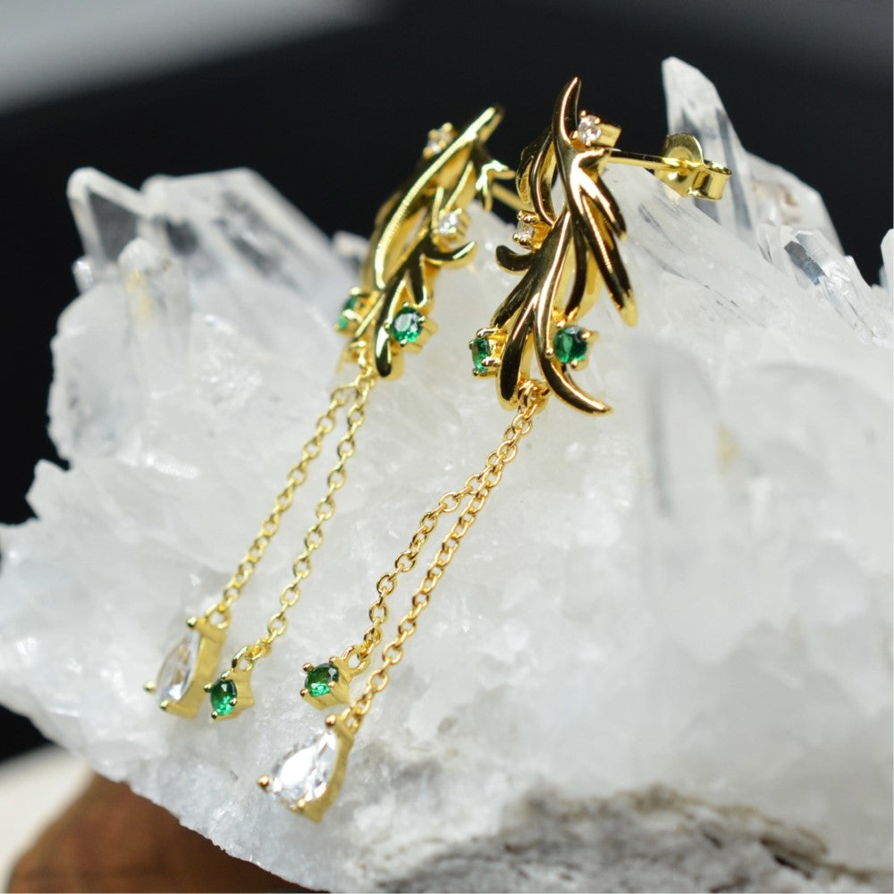 14K Yellow Gold Plated Dangling Leaf Design 925 Sterling Silver Earrings with Green Nano Gem Cubic Zirconia by Mc9vn | Gift for Her |