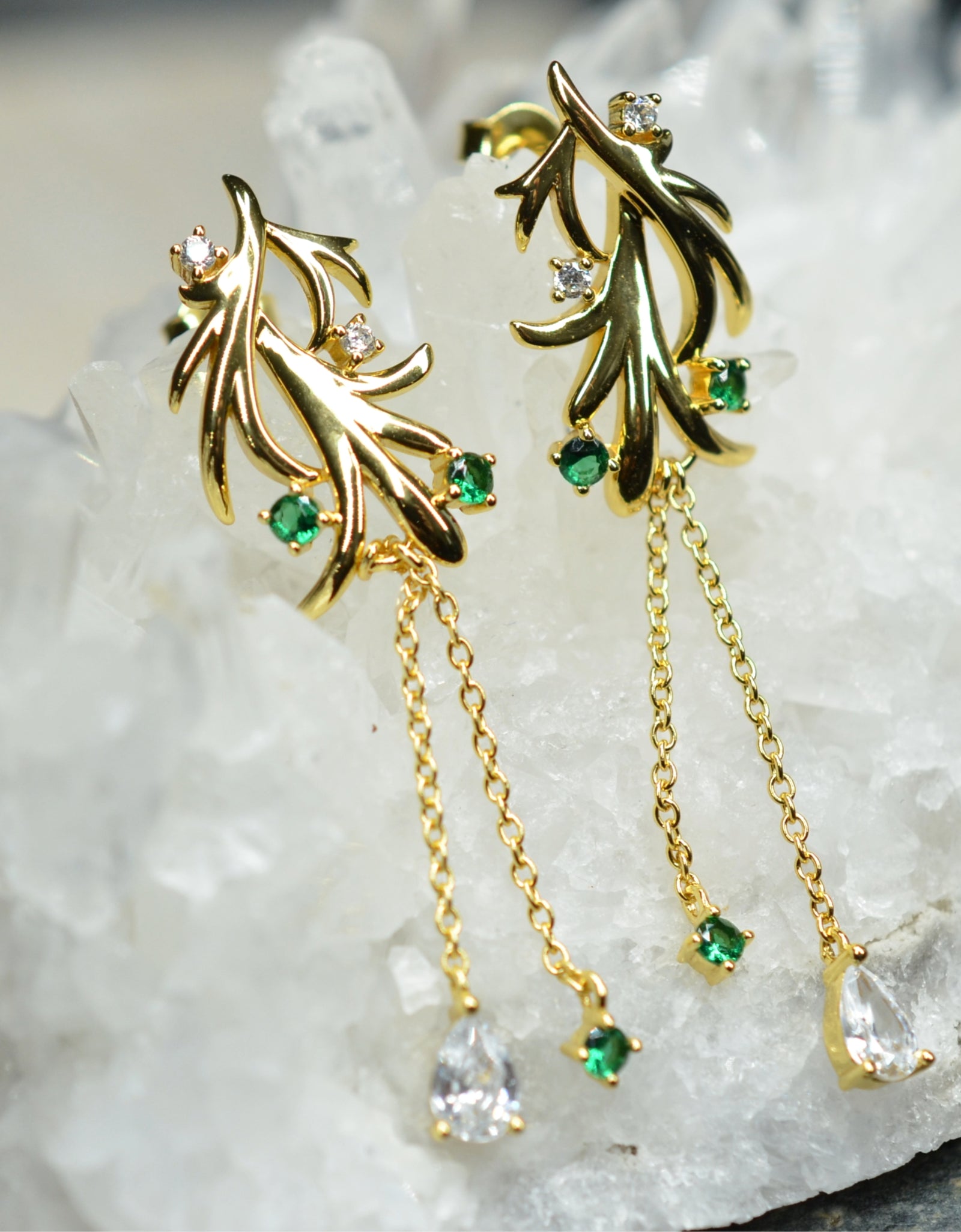 14K Yellow Gold Plated Dangling Leaf Design 925 Sterling Silver Earrings with Green Nano Gem Cubic Zirconia by Mc9vn | Gift for Her |