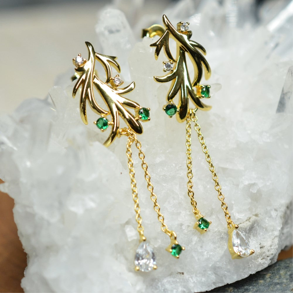 14K Yellow Gold Plated Dangling Leaf Design 925 Sterling Silver Earrings with Green Nano Gem Cubic Zirconia by Mc9vn | Gift for Her |