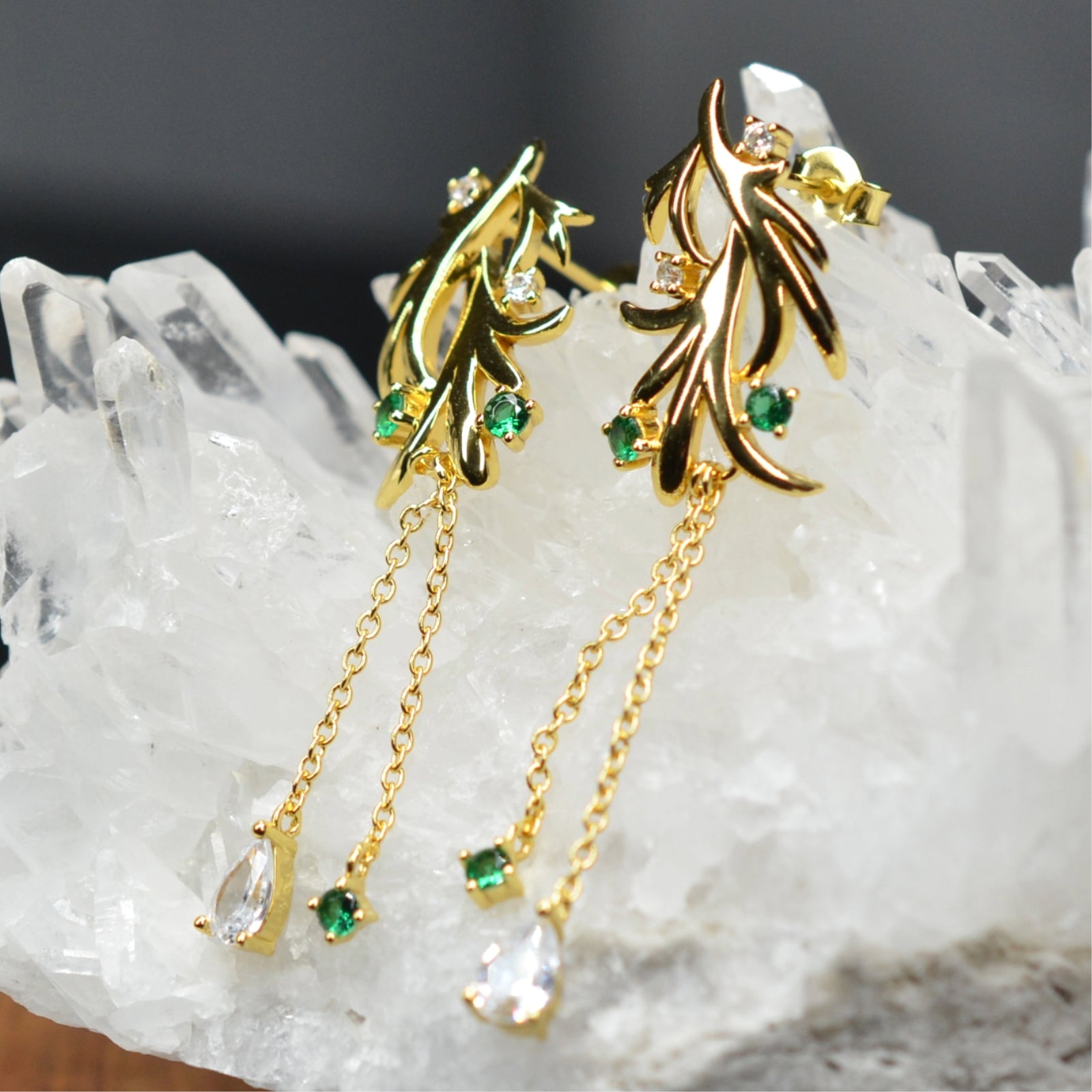 14K Yellow Gold Plated Dangling Leaf Design 925 Sterling Silver Earrings with Green Nano Gem Cubic Zirconia by Mc9vn | Gift for Her |