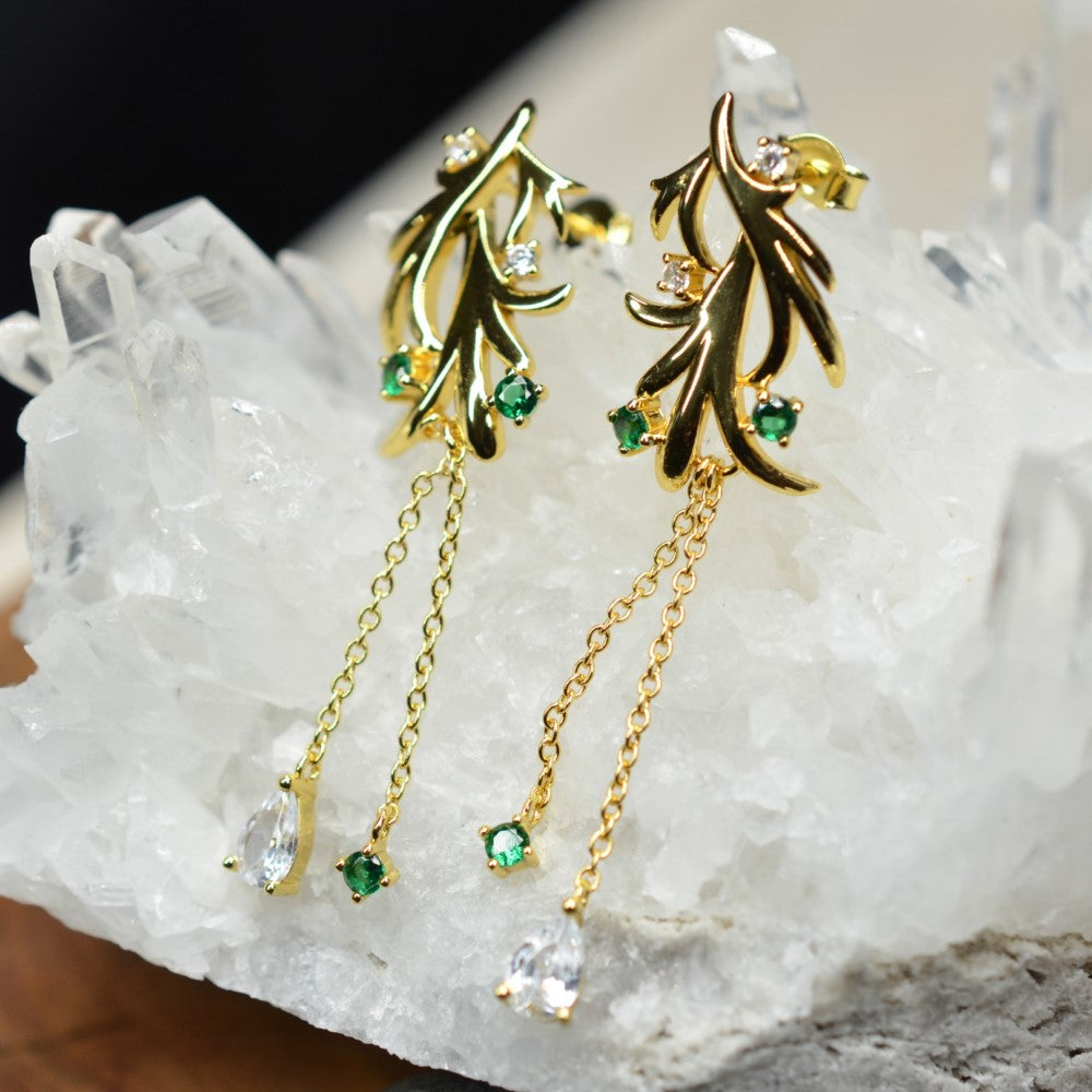 14K Yellow Gold Plated Dangling Leaf Design 925 Sterling Silver Earrings with Green Nano Gem Cubic Zirconia by Mc9vn | Gift for Her |