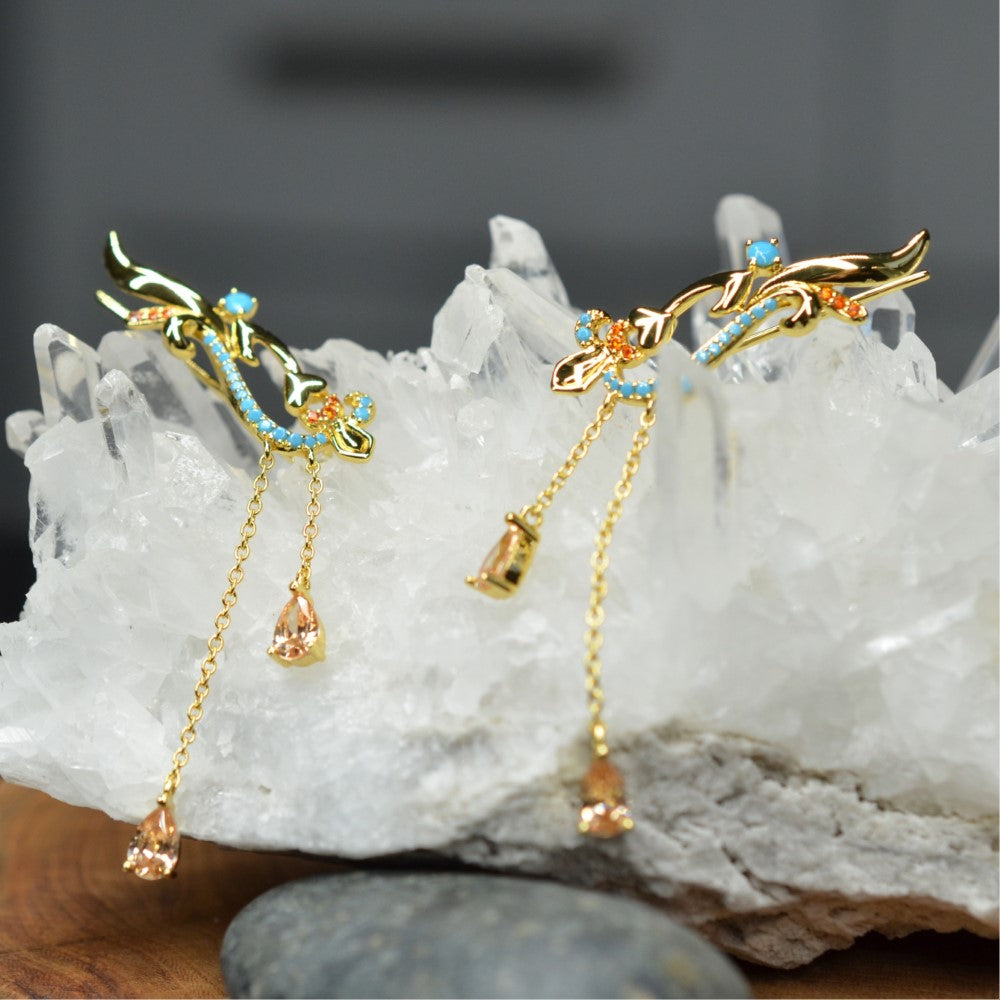 14K Yellow Gold Plated 925 Sterling Silver Dangling Ear Cuffs Climber Earrings w/ Blue and Orange CZ Nano Gem by Mc9vn | Gift for Her |