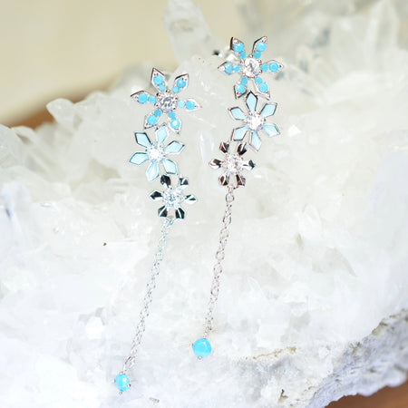 925 Sterling Silver Platinum Plated Snow Flake Flower Earrings with Baby Blue Nano Gem Cubic Zirconia by Mc9vn | Gift for Her | Ship from US