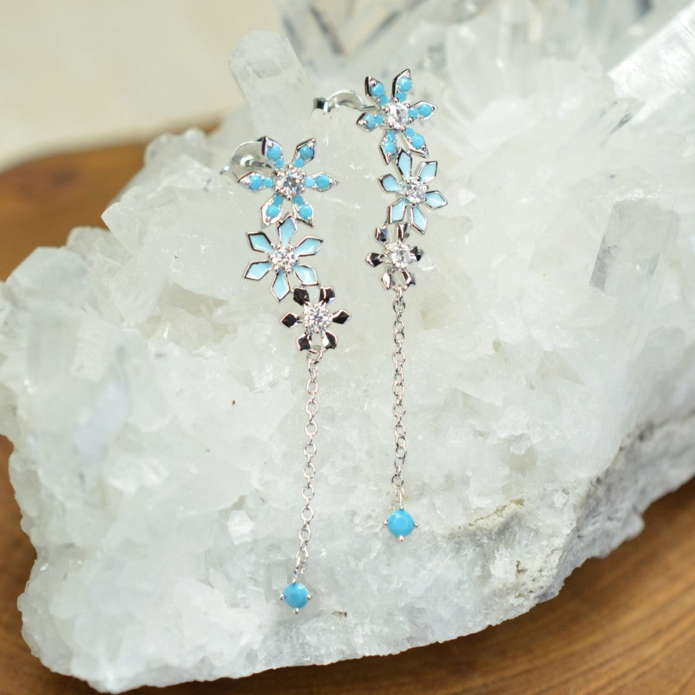 925 Sterling Silver Platinum Plated Snow Flake Flower Earrings with Baby Blue Nano Gem Cubic Zirconia by Mc9vn | Gift for Her | Ship from US