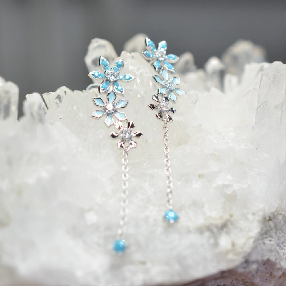 925 Sterling Silver Platinum Plated Snow Flake Flower Earrings with Baby Blue Nano Gem Cubic Zirconia by Mc9vn | Gift for Her | Ship from US