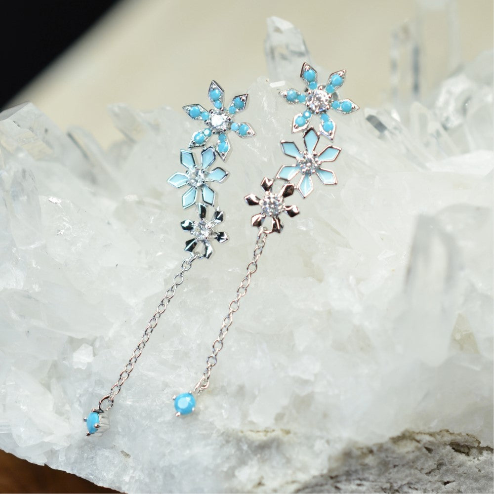 925 Sterling Silver Platinum Plated Snow Flake Flower Earrings with Baby Blue Nano Gem Cubic Zirconia by Mc9vn | Gift for Her | Ship from US