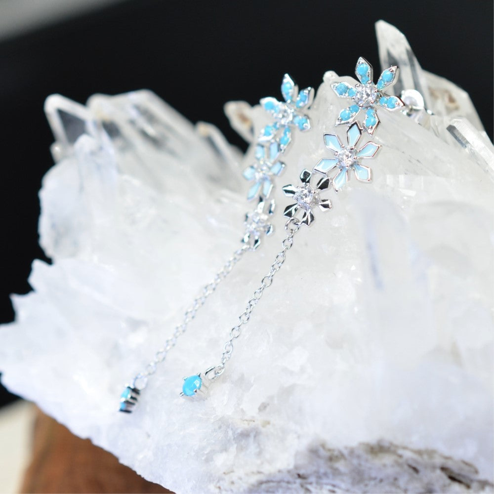 925 Sterling Silver Platinum Plated Snow Flake Flower Earrings with Baby Blue Nano Gem Cubic Zirconia by Mc9vn | Gift for Her | Ship from US