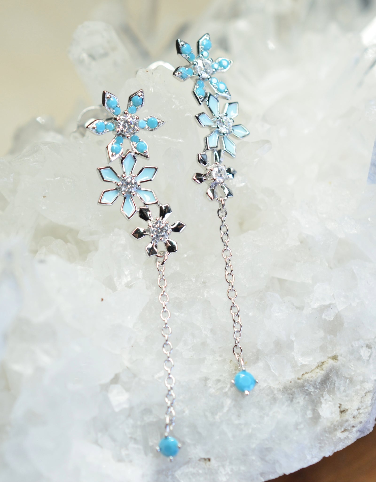 925 Sterling Silver Platinum Plated Snow Flake Flower Earrings with Baby Blue Nano Gem Cubic Zirconia by Mc9vn | Gift for Her | Ship from US