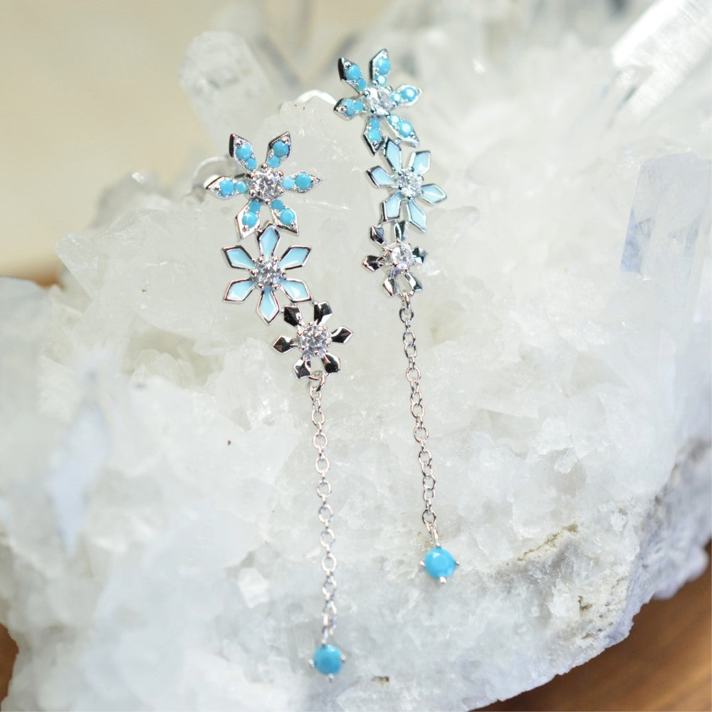 925 Sterling Silver Platinum Plated Snow Flake Flower Earrings with Baby Blue Nano Gem Cubic Zirconia by Mc9vn | Gift for Her | Ship from US