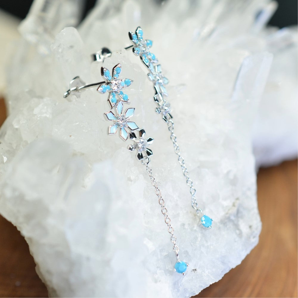 925 Sterling Silver Platinum Plated Snow Flake Flower Earrings with Baby Blue Nano Gem Cubic Zirconia by Mc9vn | Gift for Her | Ship from US