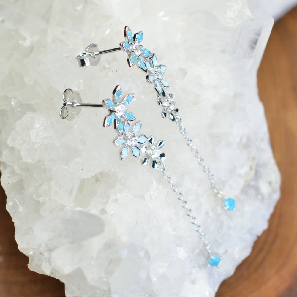 925 Sterling Silver Platinum Plated Snow Flake Flower Earrings with Baby Blue Nano Gem Cubic Zirconia by Mc9vn | Gift for Her | Ship from US