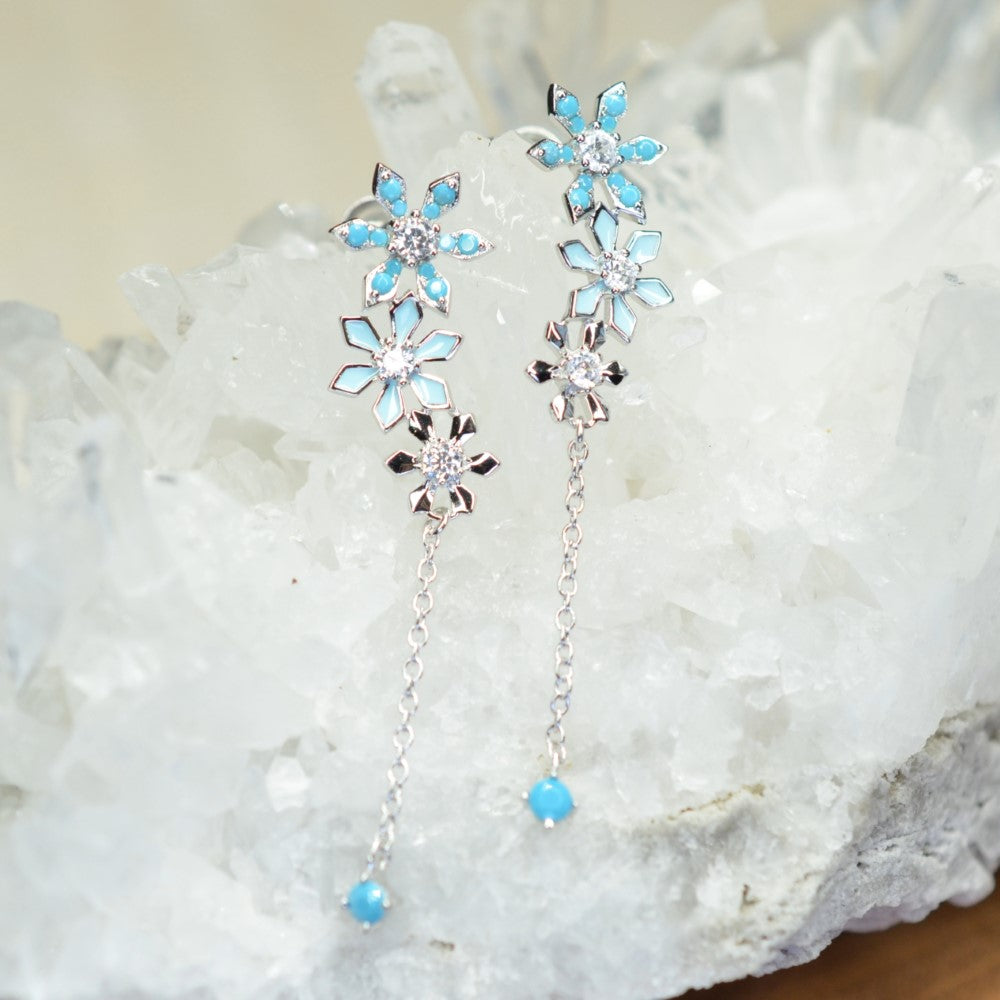 925 Sterling Silver Platinum Plated Snow Flake Flower Earrings with Baby Blue Nano Gem Cubic Zirconia by Mc9vn | Gift for Her | Ship from US