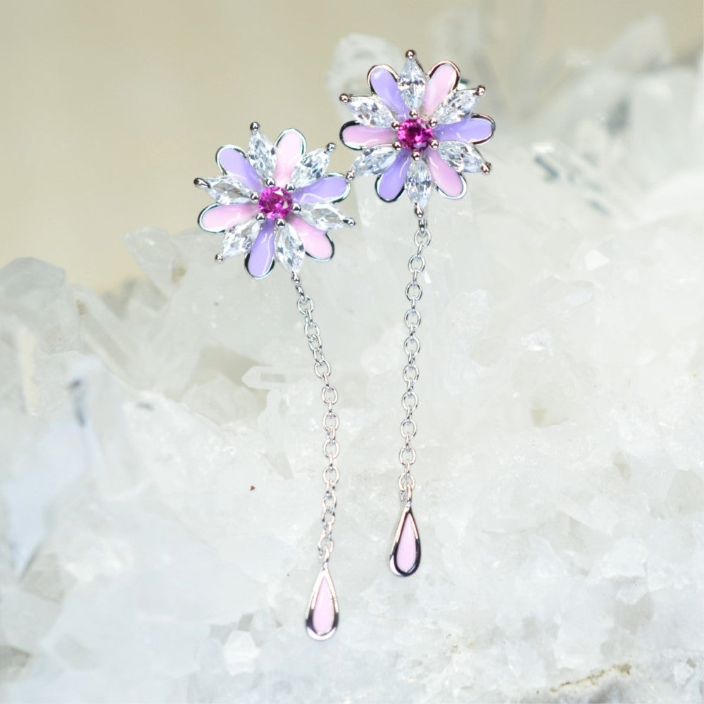 Platinum & Rhodium Plated Pink and Purple Enamel Flower 925 Sterling Silver Earrings w/ Cubic Zirconia and Corundum by Mc9vn |Gift for Her|