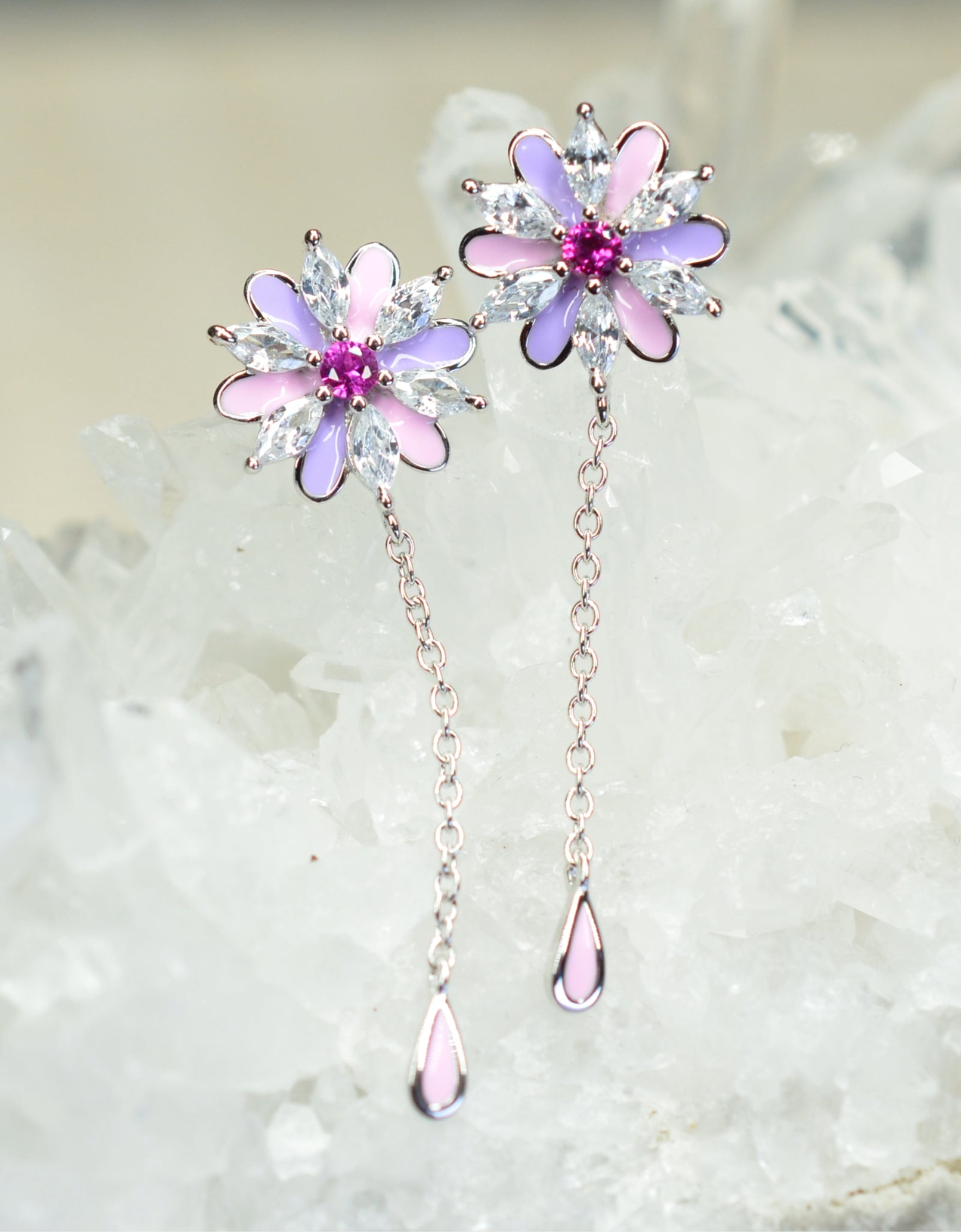 Platinum & Rhodium Plated Pink and Purple Enamel Flower 925 Sterling Silver Earrings w/ Cubic Zirconia and Corundum by Mc9vn |Gift for Her|