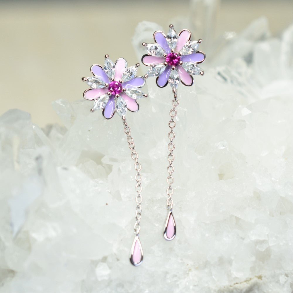 Platinum & Rhodium Plated Pink and Purple Enamel Flower 925 Sterling Silver Earrings w/ Cubic Zirconia and Corundum by Mc9vn |Gift for Her|