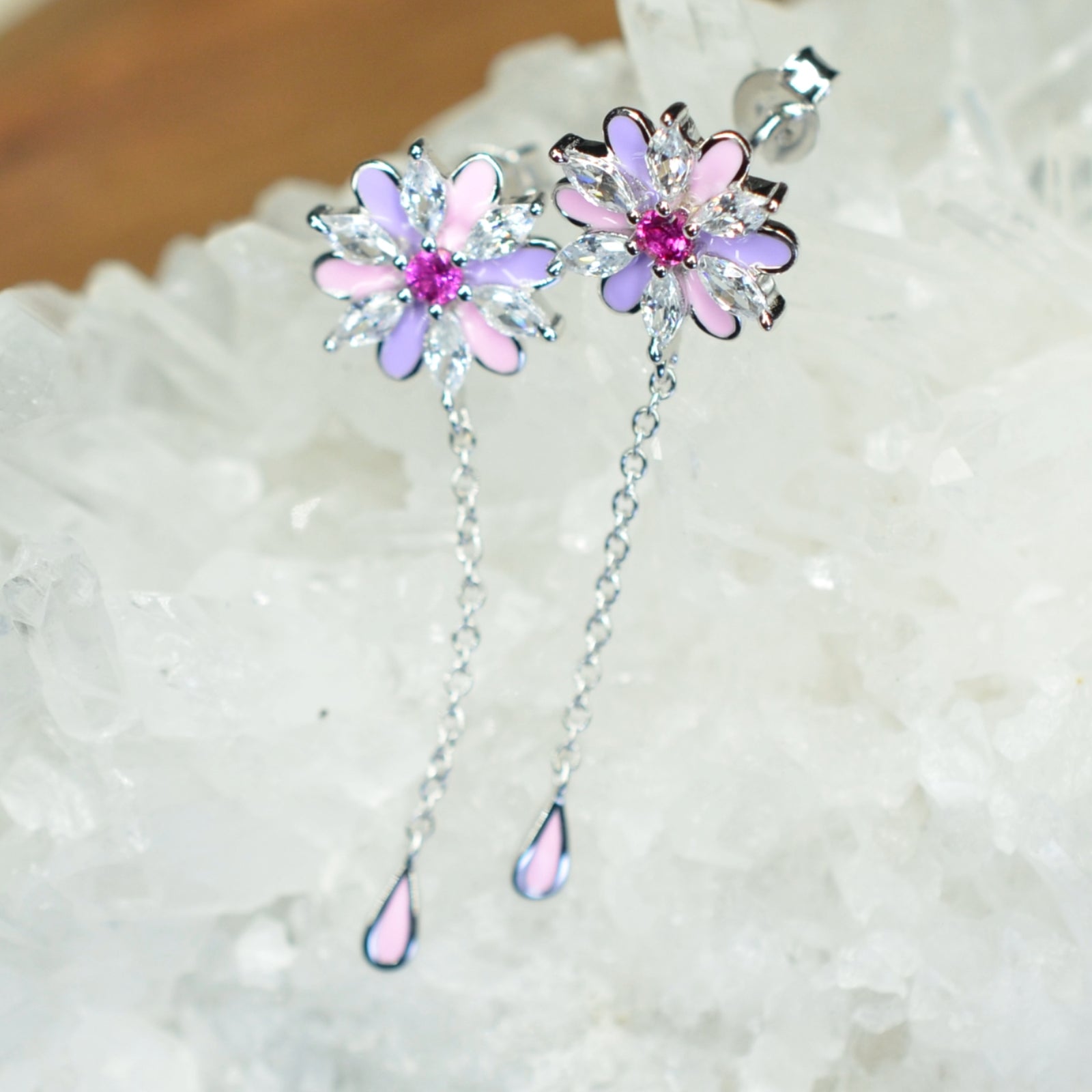 Platinum & Rhodium Plated Pink and Purple Enamel Flower 925 Sterling Silver Earrings w/ Cubic Zirconia and Corundum by Mc9vn |Gift for Her|