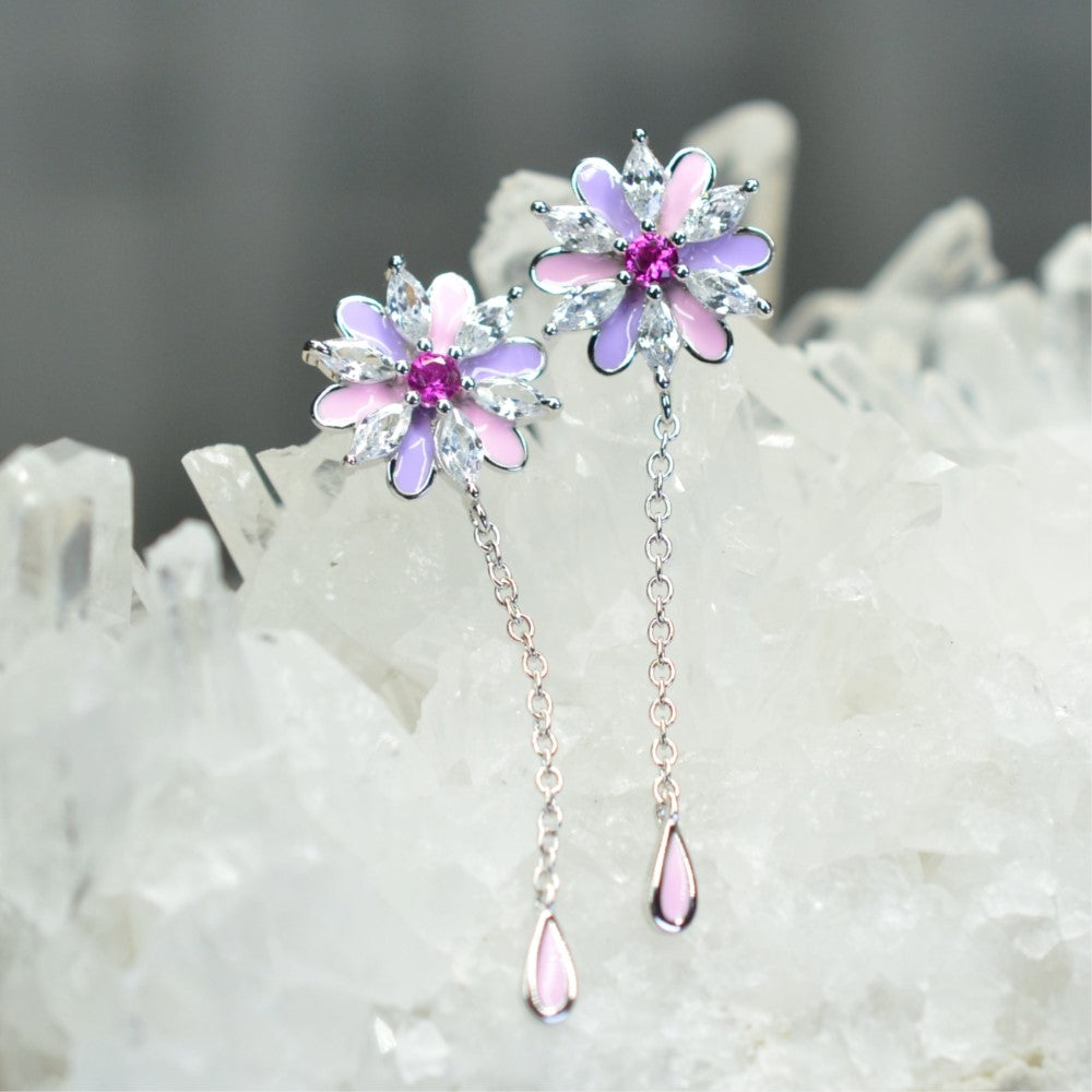 Platinum & Rhodium Plated Pink and Purple Enamel Flower 925 Sterling Silver Earrings w/ Cubic Zirconia and Corundum by Mc9vn |Gift for Her|