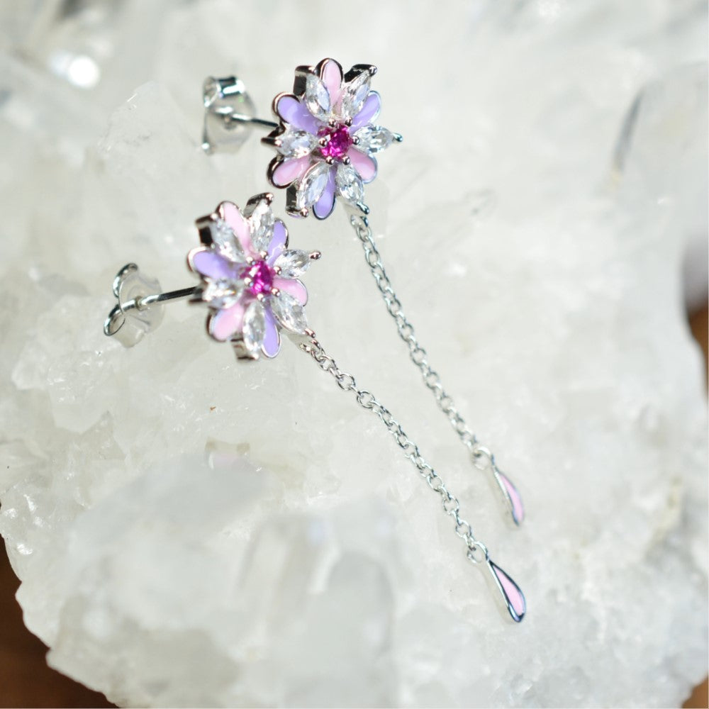 Platinum & Rhodium Plated Pink and Purple Enamel Flower 925 Sterling Silver Earrings w/ Cubic Zirconia and Corundum by Mc9vn |Gift for Her|