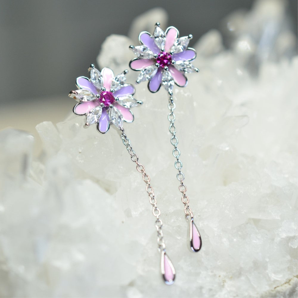 Platinum & Rhodium Plated Pink and Purple Enamel Flower 925 Sterling Silver Earrings w/ Cubic Zirconia and Corundum by Mc9vn |Gift for Her|