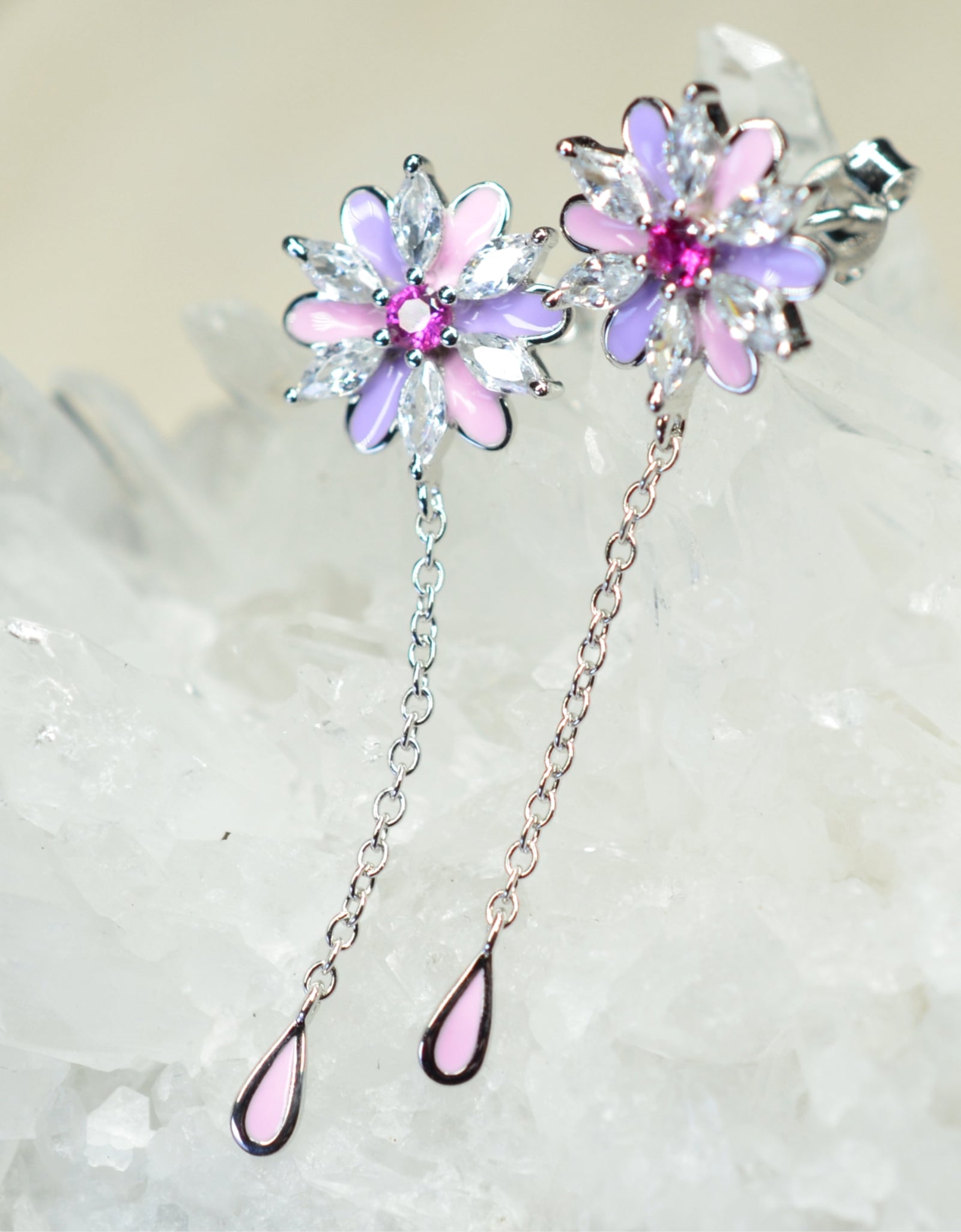 Platinum & Rhodium Plated Pink and Purple Enamel Flower 925 Sterling Silver Earrings w/ Cubic Zirconia and Corundum by Mc9vn |Gift for Her|