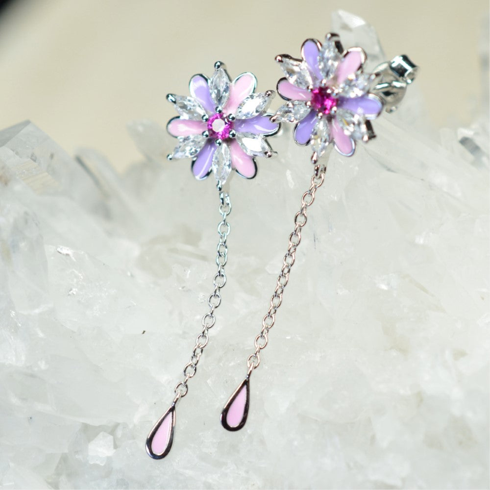 Platinum & Rhodium Plated Pink and Purple Enamel Flower 925 Sterling Silver Earrings w/ Cubic Zirconia and Corundum by Mc9vn |Gift for Her|