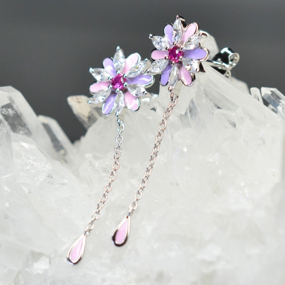 Platinum & Rhodium Plated Pink and Purple Enamel Flower 925 Sterling Silver Earrings w/ Cubic Zirconia and Corundum by Mc9vn |Gift for Her|