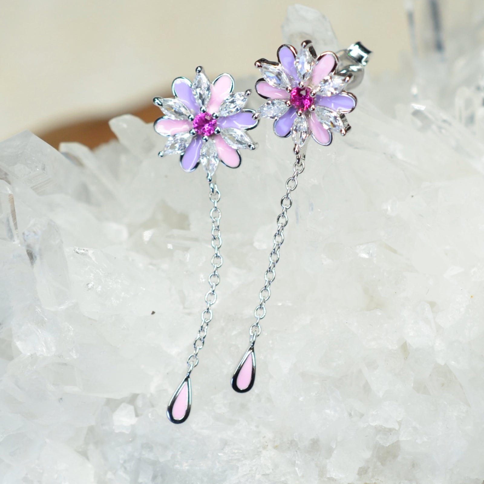 Platinum & Rhodium Plated Pink and Purple Enamel Flower 925 Sterling Silver Earrings w/ Cubic Zirconia and Corundum by Mc9vn |Gift for Her|