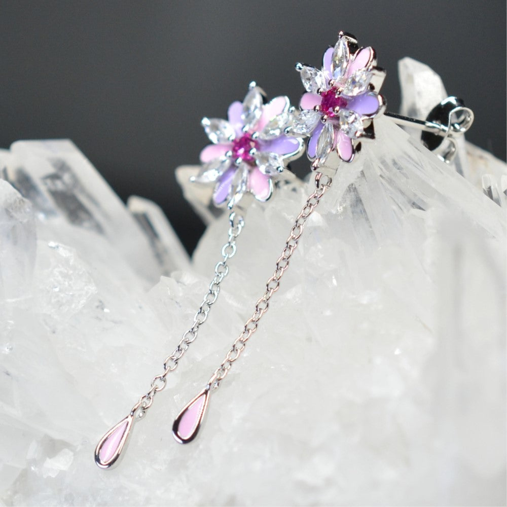 Platinum & Rhodium Plated Pink and Purple Enamel Flower 925 Sterling Silver Earrings w/ Cubic Zirconia and Corundum by Mc9vn |Gift for Her|