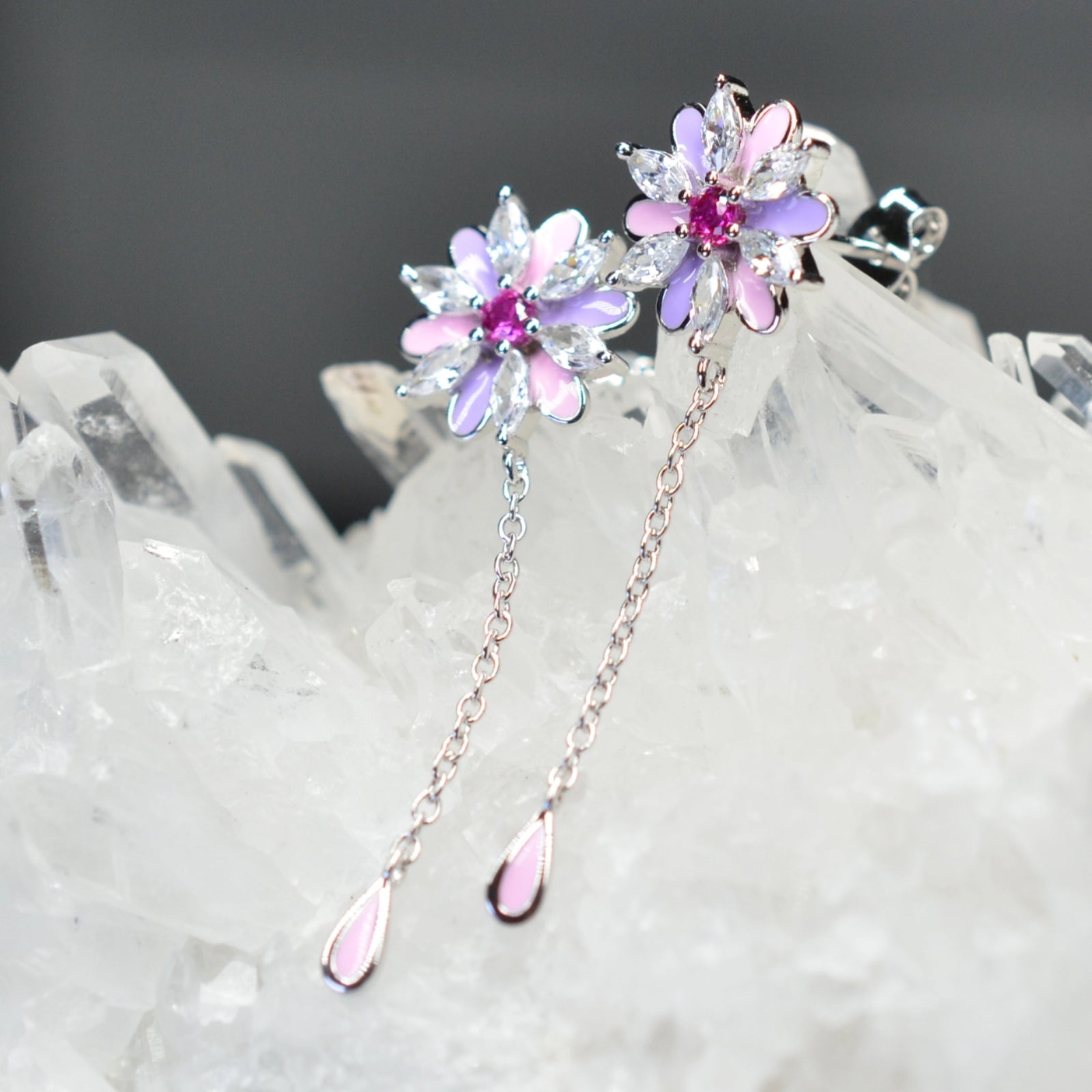 Platinum & Rhodium Plated Pink and Purple Enamel Flower 925 Sterling Silver Earrings w/ Cubic Zirconia and Corundum by Mc9vn |Gift for Her|