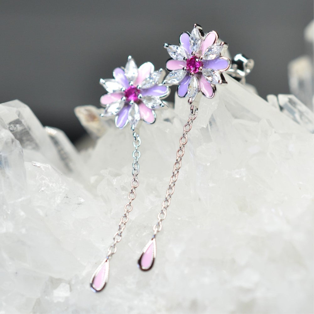 Platinum & Rhodium Plated Pink and Purple Enamel Flower 925 Sterling Silver Earrings w/ Cubic Zirconia and Corundum by Mc9vn |Gift for Her|