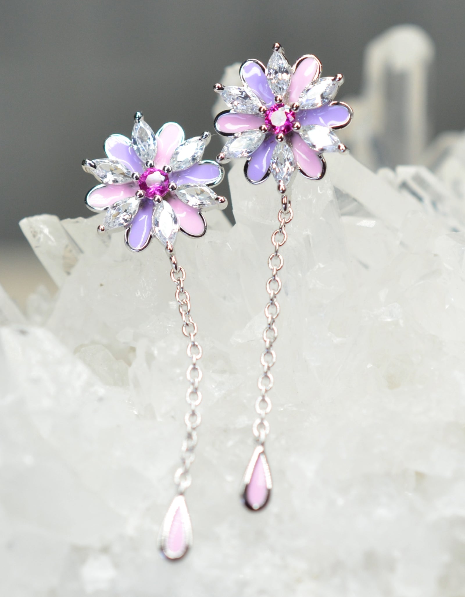 Platinum & Rhodium Plated Pink and Purple Enamel Flower 925 Sterling Silver Earrings w/ Cubic Zirconia and Corundum by Mc9vn |Gift for Her|