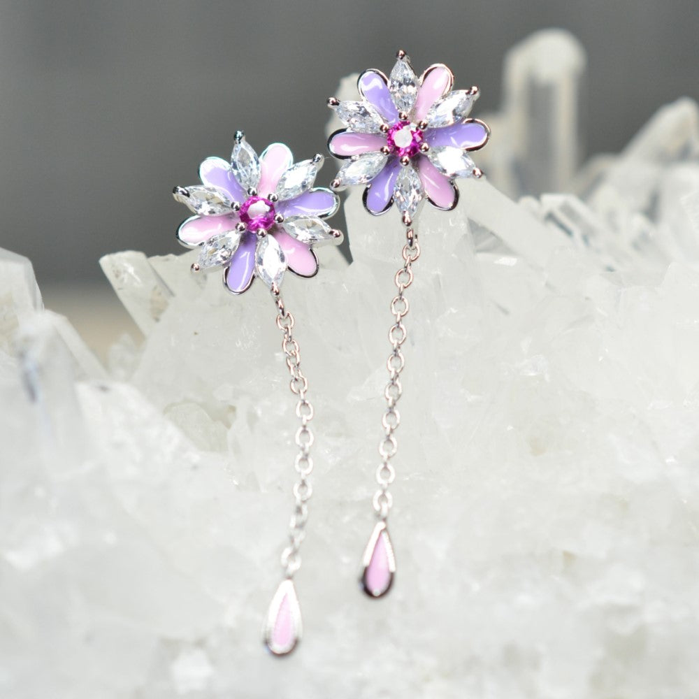 Platinum & Rhodium Plated Pink and Purple Enamel Flower 925 Sterling Silver Earrings w/ Cubic Zirconia and Corundum by Mc9vn |Gift for Her|