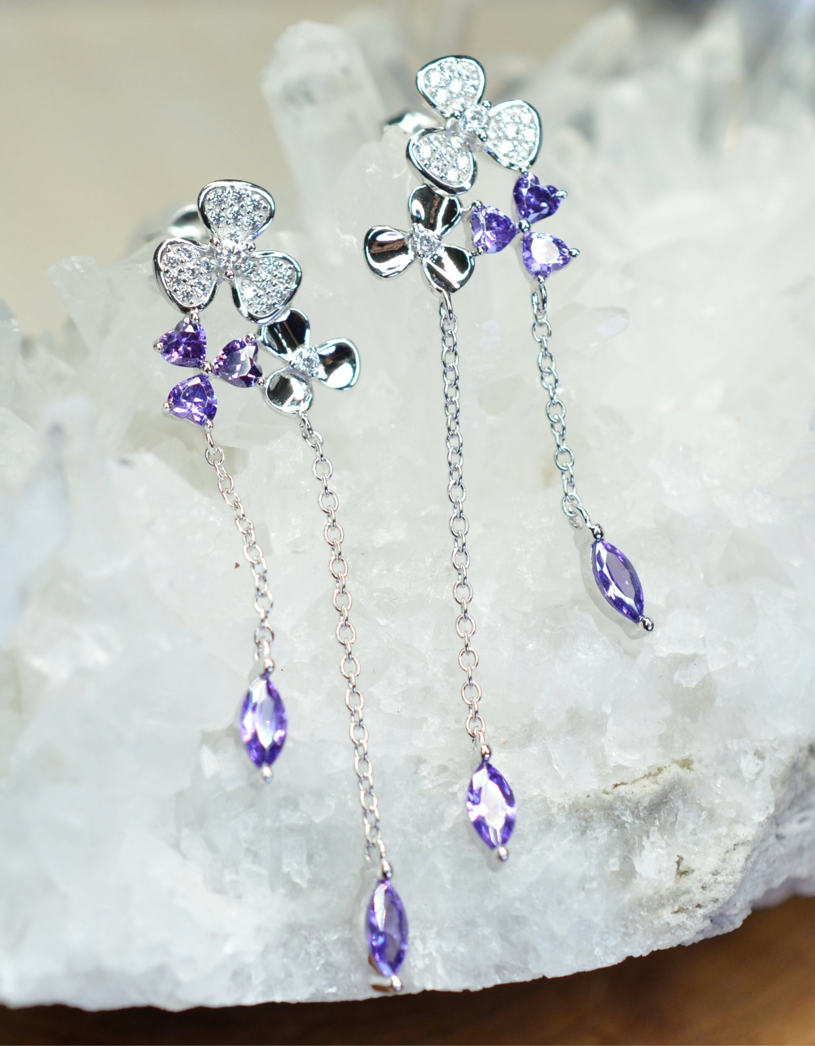 Platinum Rhodium Plated Purple Clover Dangling Design 925 Sterling Silver Earrings with Cubic Zirconia by Mc9vn | Gift for Her |