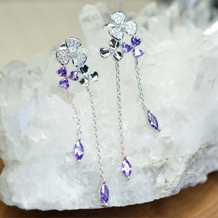 Platinum Rhodium Plated Purple Clover Dangling Design 925 Sterling Silver Earrings with Cubic Zirconia by Mc9vn | Gift for Her |