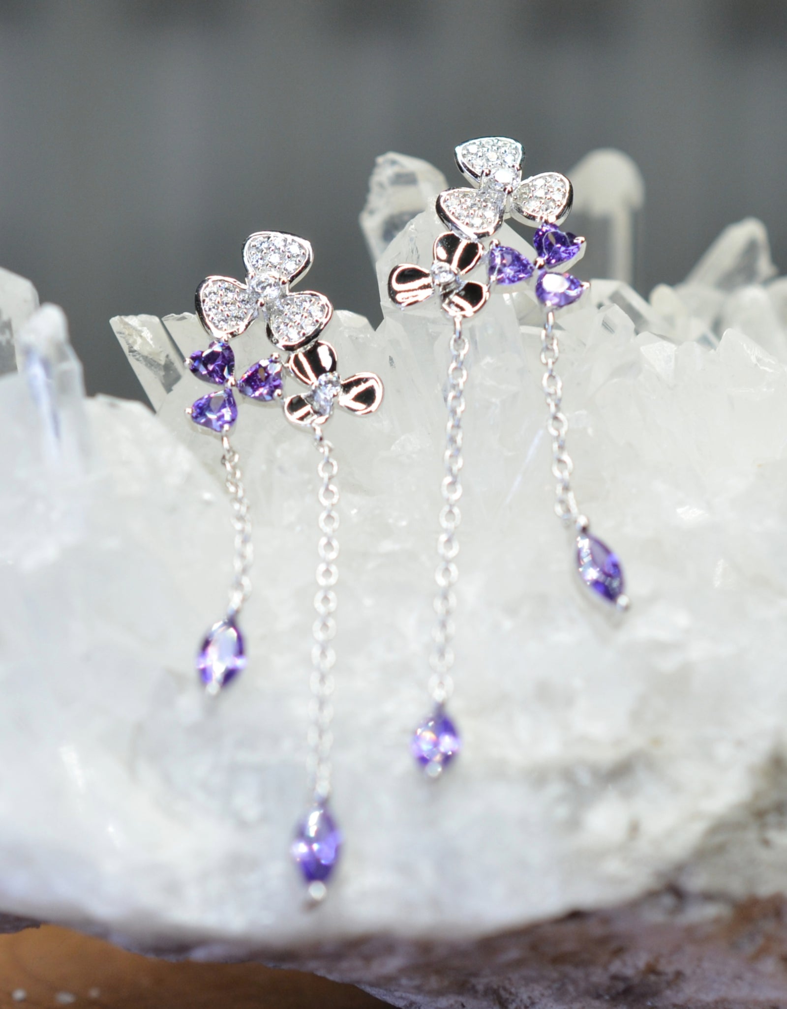 Platinum Rhodium Plated Purple Clover Dangling Design 925 Sterling Silver Earrings with Cubic Zirconia by Mc9vn | Gift for Her |