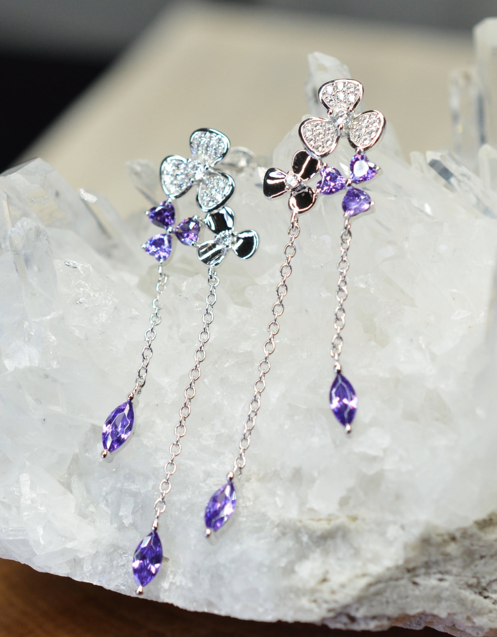 Platinum Rhodium Plated Purple Clover Dangling Design 925 Sterling Silver Earrings with Cubic Zirconia by Mc9vn | Gift for Her |