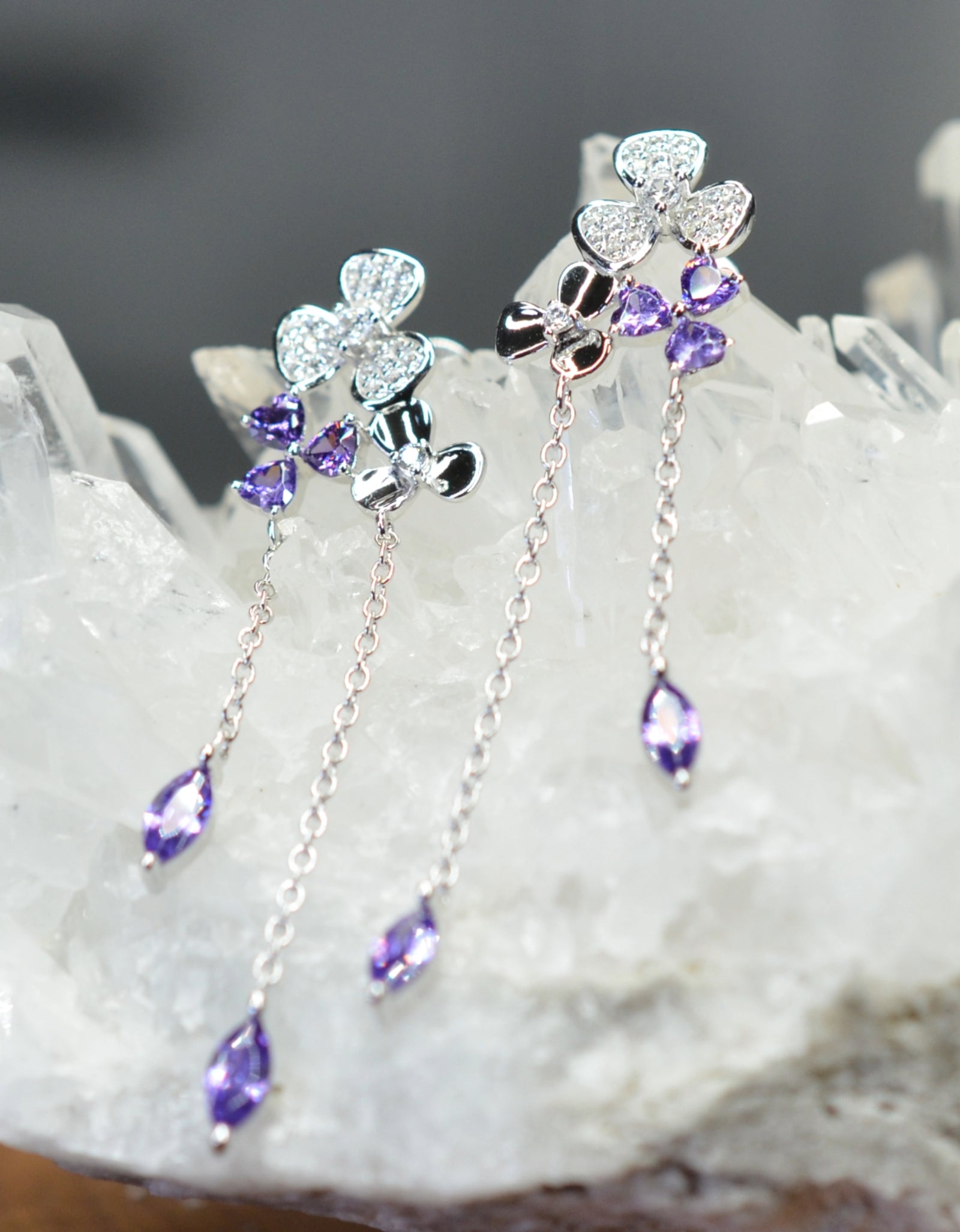 Platinum Rhodium Plated Purple Clover Dangling Design 925 Sterling Silver Earrings with Cubic Zirconia by Mc9vn | Gift for Her |